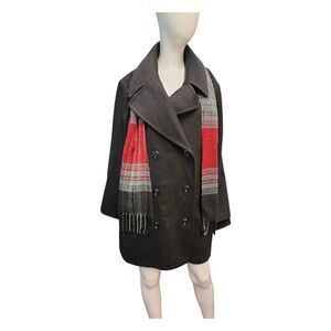 London Fog Charcoal Pea Coat with Vibrant Scarf